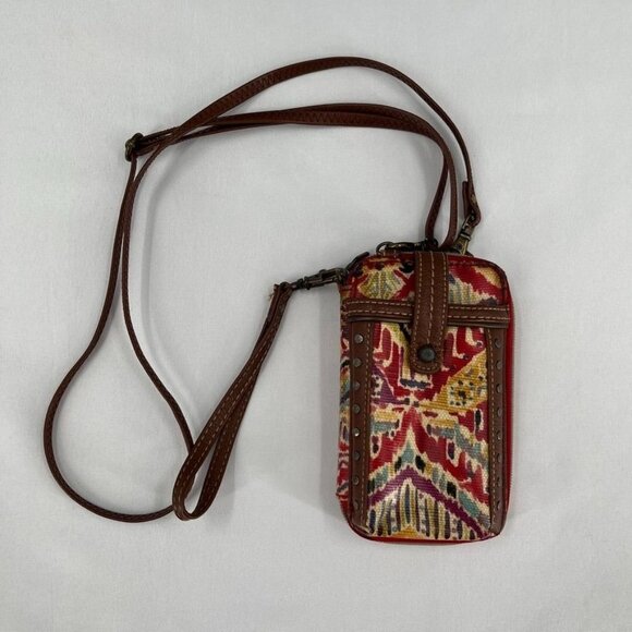 Sakroots Crossbody Phone Wallet  Red Aztec Print Shoulder Strap Brown Trim - Picture 1 of 12